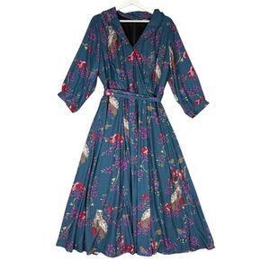 Eshakti Women's Size XL Blue Floral 3/4 Sleeve A Line Midi Dress Belted